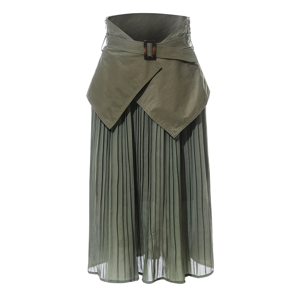 

Johnature Streetwear 2019 Summer Fashion New Women Pleated Skirt Splice Chiffon Simple Solid Color Sashes Mid-calf Length Skirts