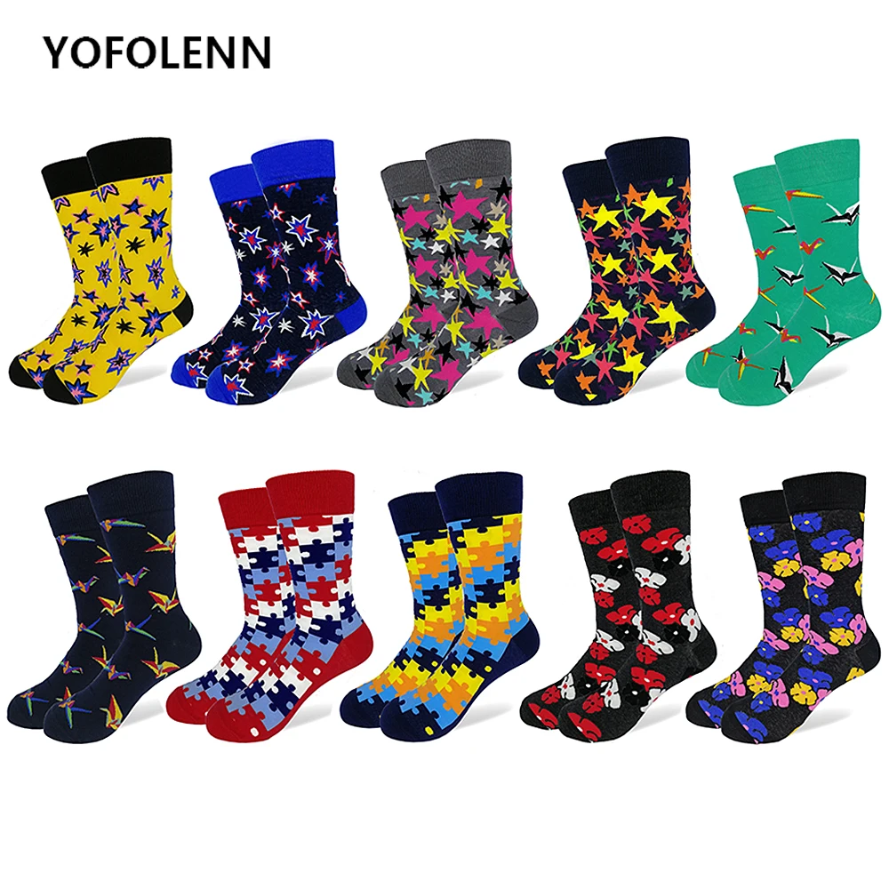 10 Pairs/Lot Colorful Men's Happy Funny Socks Combed Cotton High
