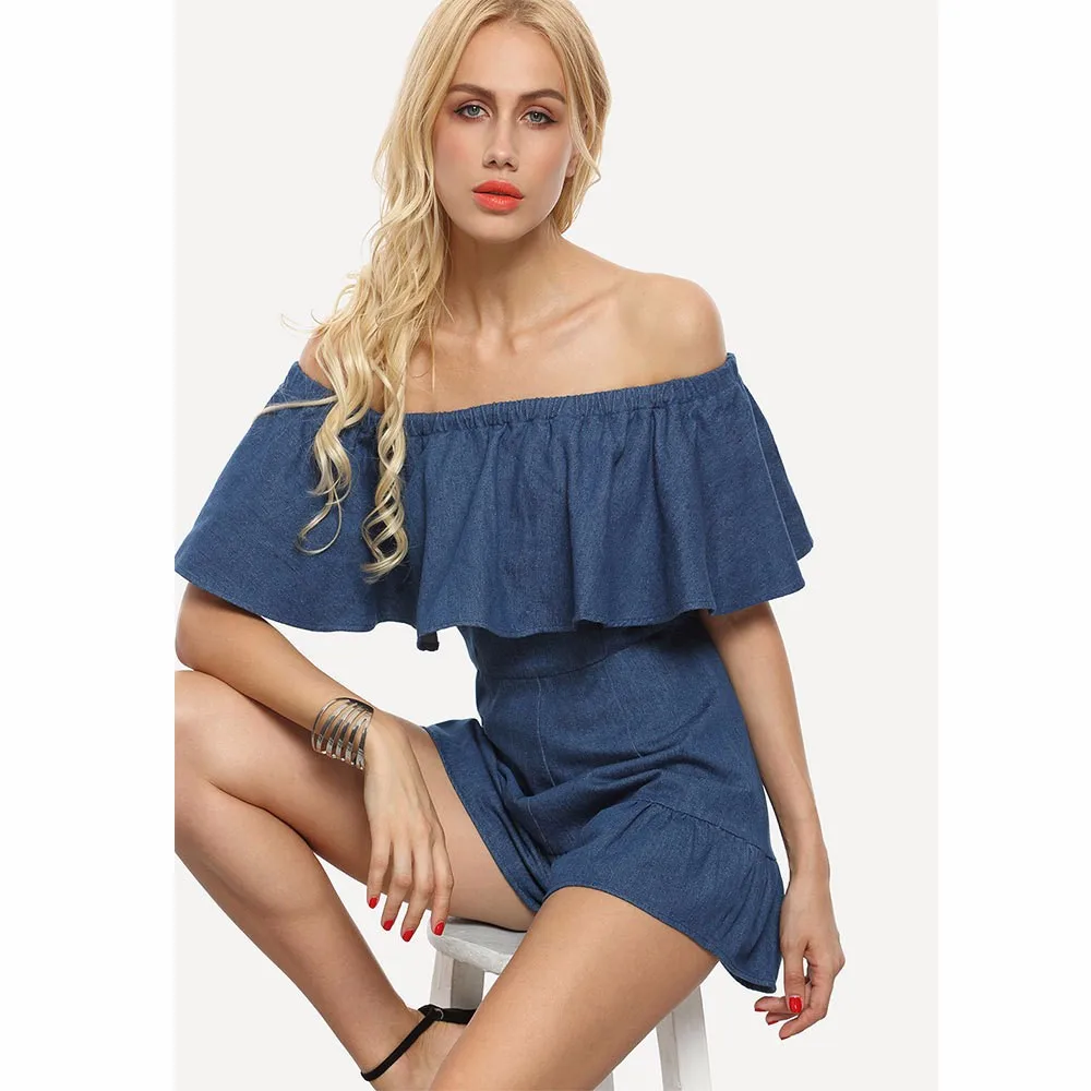 Reaqka women summer Denim jumpsuit shorts rompers Womens Jumpsuit Casual Sexy Tight Lady Slash neck Ruffles Denim Overalls