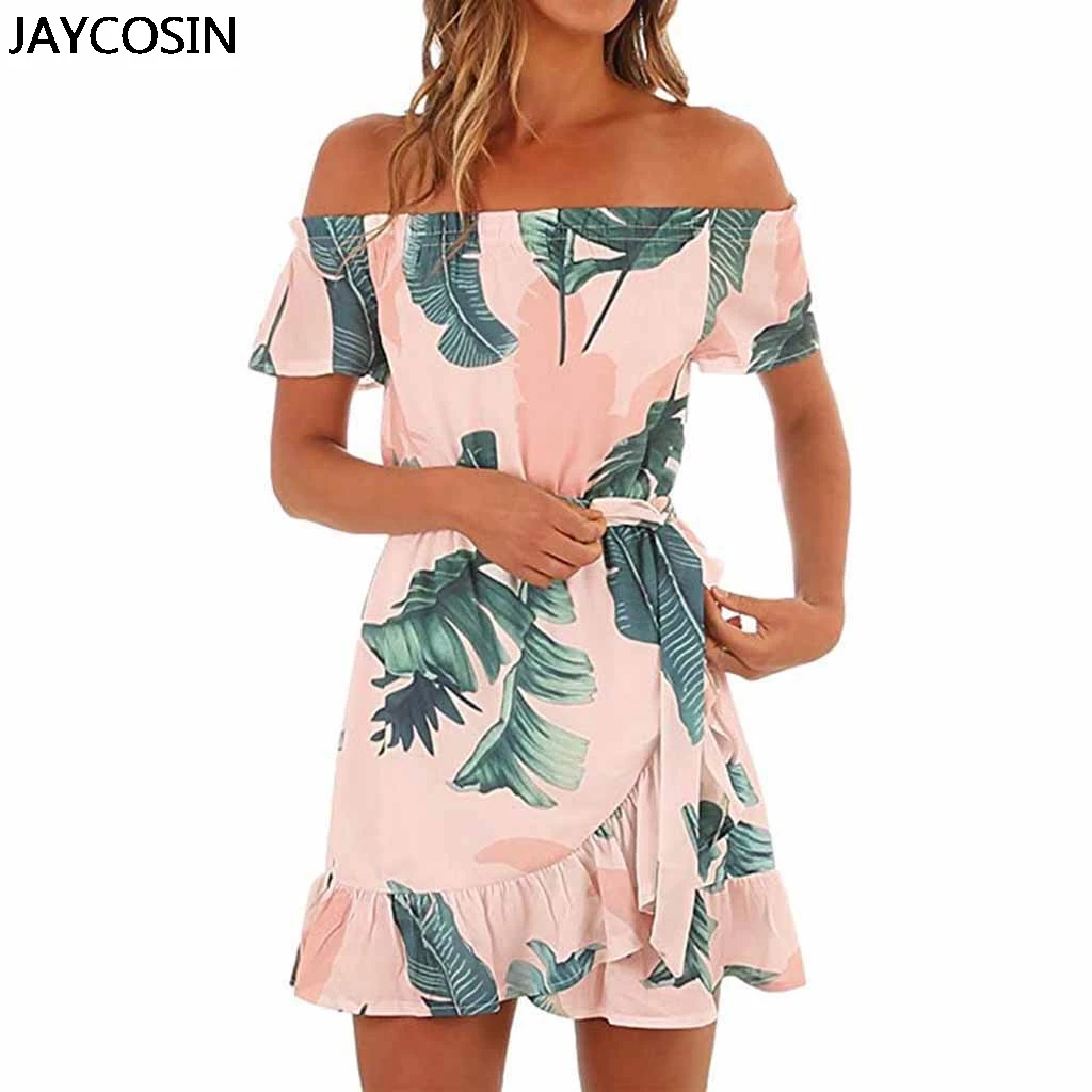 

JAYCOSIN Women Dresses Hawaiian NEW Chiffon Lady Floral Off The Shoulder Dress Korean Elegant Vestido De Festa Verano Robe Femme