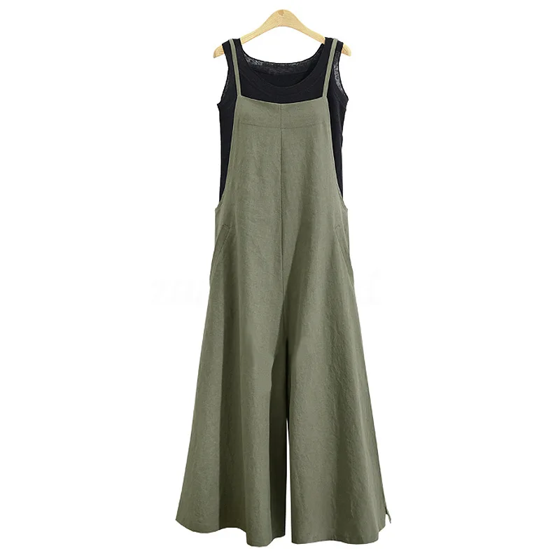 

2019 summer new European and American fashion casual large S-3XL ladies women's cotton linen pocket long wide leg jumpsuit sling