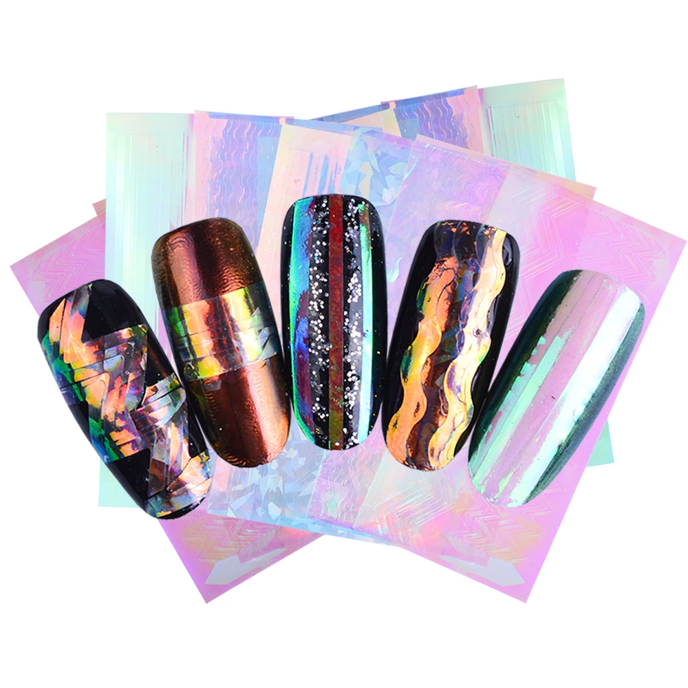 

6Pcs/Set Nail Art Laser Shining Tapes Striping Lines Aurora Water Stickers 3D Nail Waves Decoration UV Gel Manicure Tool BEJ06