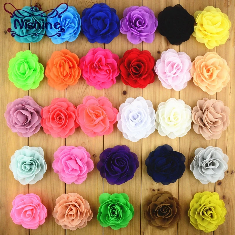 

Nishine 10pcs/lot 8cm 28 Mixed Colors Chiffon Fabric Rose Flower Without Clip For Girls Hair Accessories Hand Craft DIY