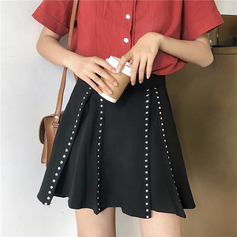 

New Harajuku Style Black High-waisted A-shaped Pleated Willow nail Short Skirt Summer Punk Fashion Sexy Chiffon Plus Size Skirt