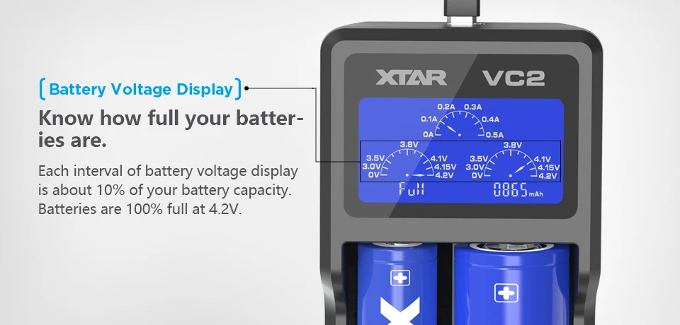 Зарядное устройство XTAR VC2 для 10440/16340/14500/14650/17670/18350/18490/18500/18650/18700/26650/22650/20700/21700/