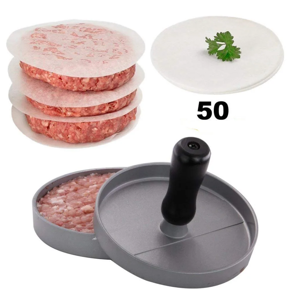 

Hamburger Press Aluminum Burger Press, Heavy Duty Non-Stick Hamburger Patty Maker with50 FREE Burger Patty Papers