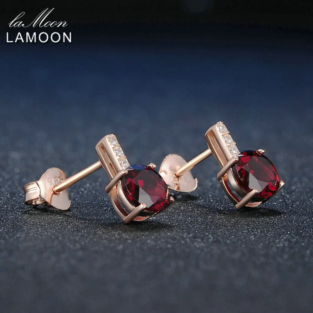 LAMOON Trendy 2ct Natural Red Garnet 925 Sterling Silver Stud Earrings Fine Jewelry For Women S925 LMEI031