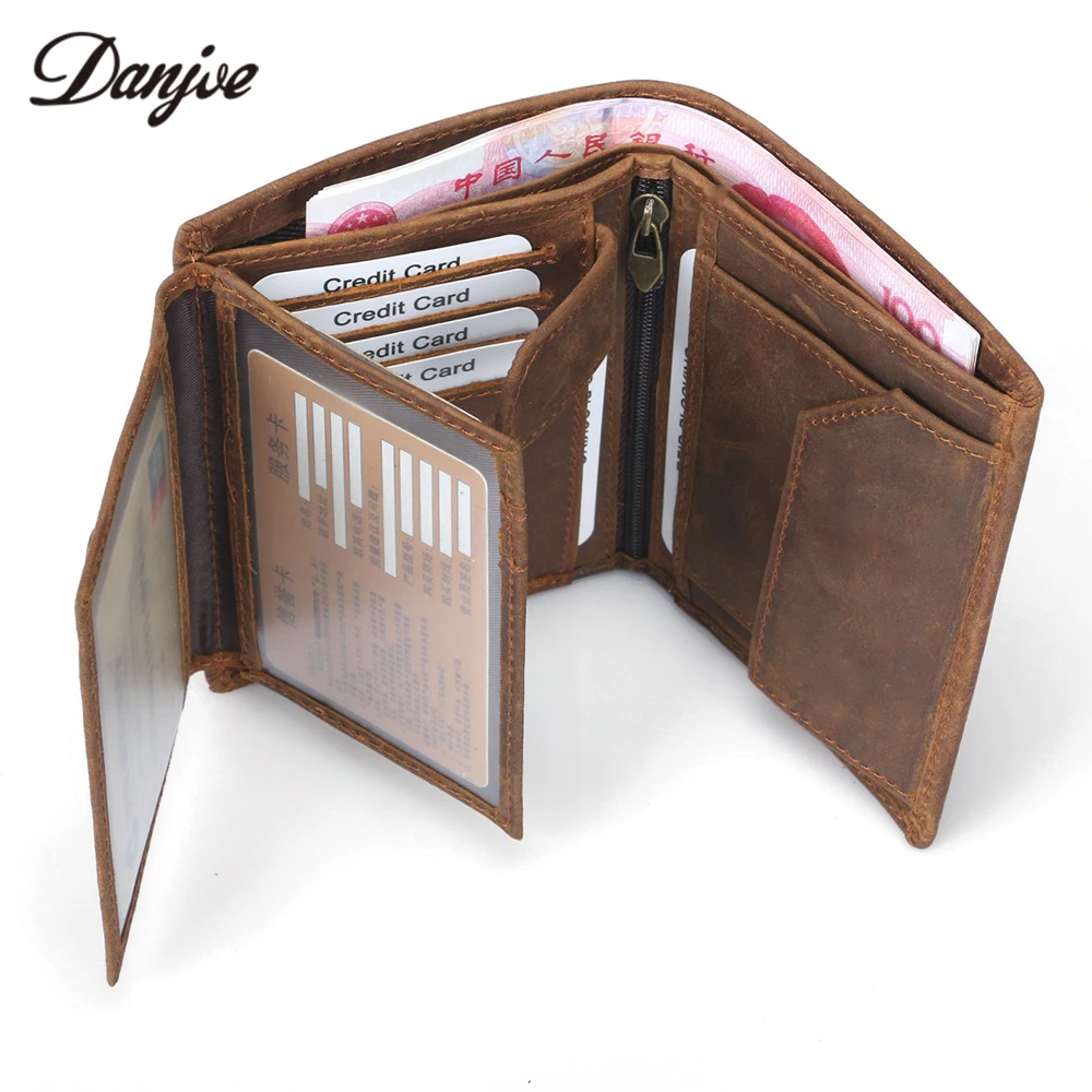 

DANJUE Men Wallet Crazy Horse Genuine Leather Card Purse Male Brown Large Capacity Clutch Money Bag Natural Cowhide Coin Purse