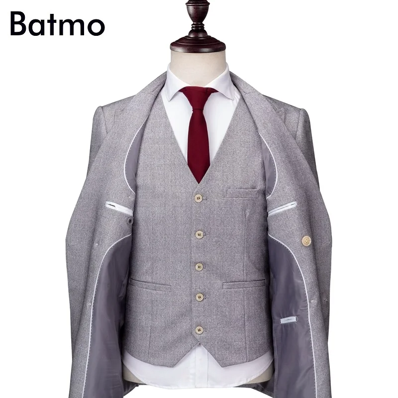 Batmo 2018 Новое поступление осень Высокое качество двубортный плед Повседневные обтягивающие костюмы мужчин мужская серая торжественное