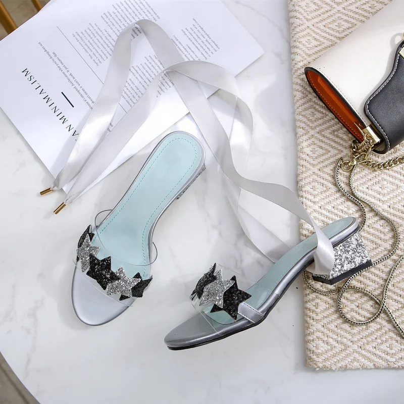 

Trendy Star Pattern Zapatos Mujer Heel Chic Bling Woman Shoes Women Slides Sequined Cloth Women Slipper Summer 2-in-1 Slippers