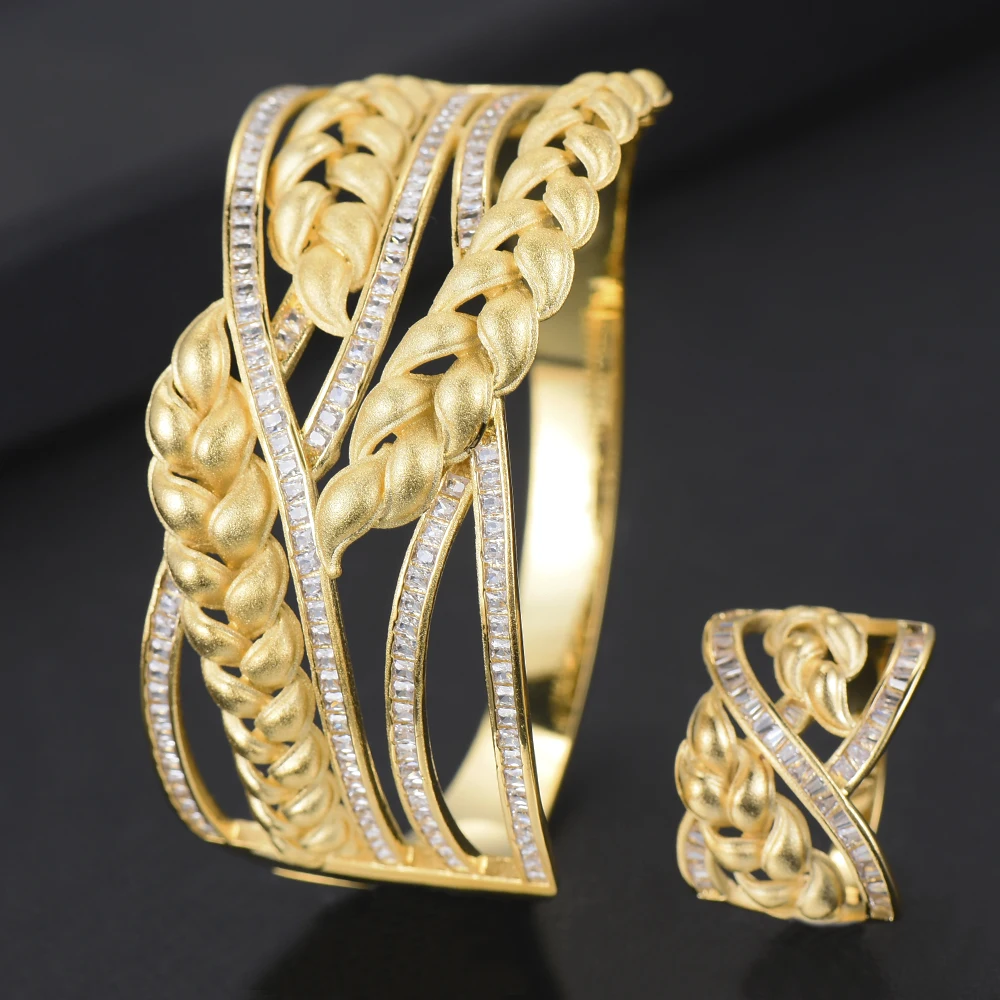 

missvikki Gorgeous Wheat Shape Bangle Rings jewelry Set For Women Mother Sister Anniversary Birthday Gift Trendy Gold Color