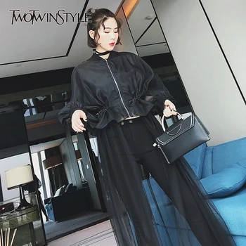 

GALCAUR Mesh patchwork windbreaker female Draw string high waist zipper ruffles long trench coat for women 2020 spring tide