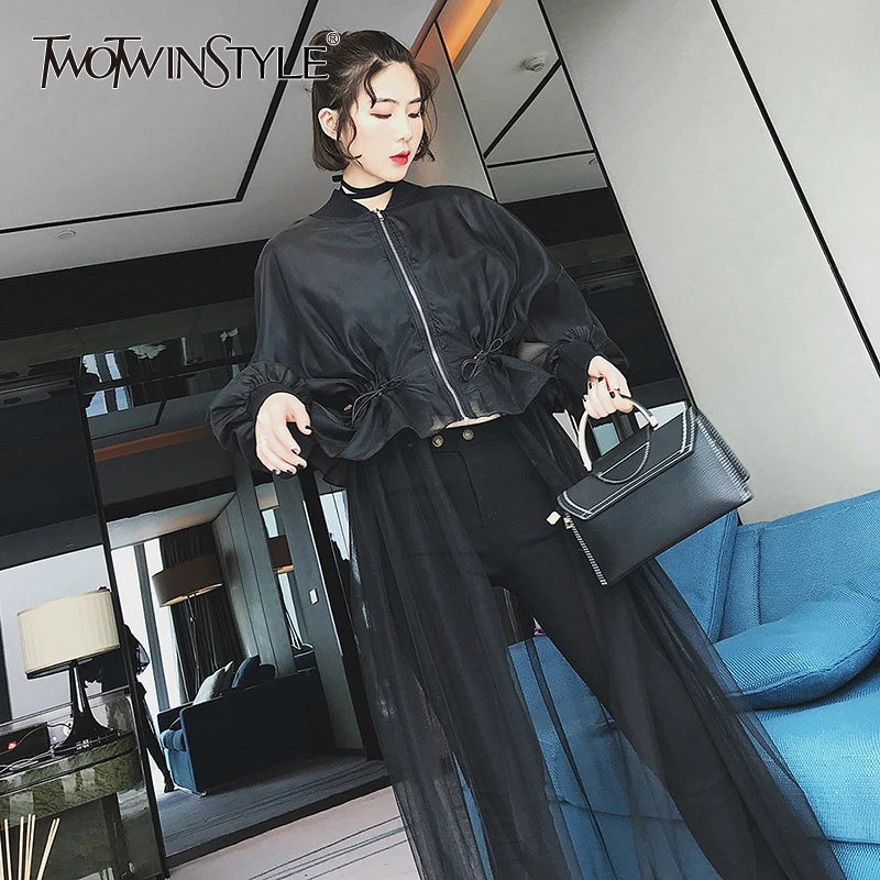 

TWOTWINSTYLE Mesh patchwork windbreaker female Draw string high waist zipper ruffles long trench coat for women 2019 spring tide