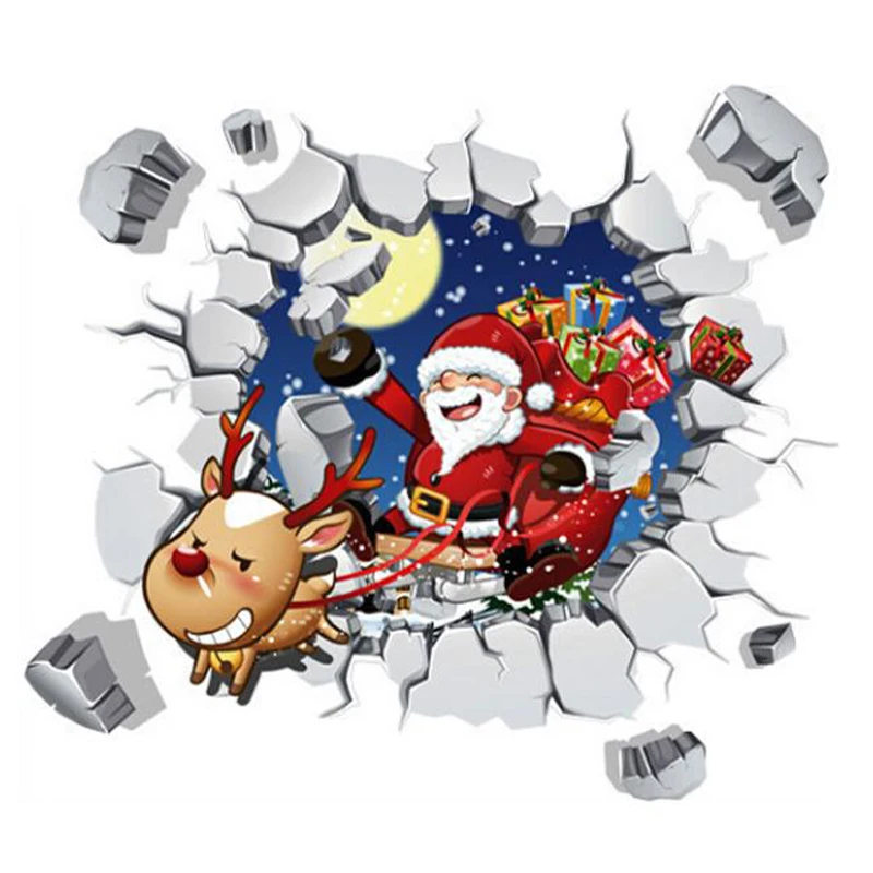 DIY 3D Removable Christmas Broken Wall Stickers Santa Claus Reindeer Decals Mural