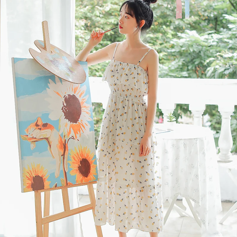 

Pineapple Cotton Dress Women Casual Summer Dresses 2019 Fashion Spaghetti Strap Sundress Ruffles Long Print Women Dresses Female