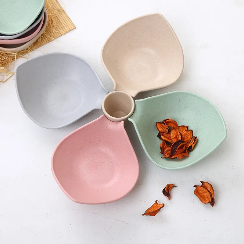 

4 Pcs Bamboo Fiber Healthy Spice Plate&1 Cup Cute Multi-function Salad Plate Fruit Plate Food Container Customize Dinnerware Set