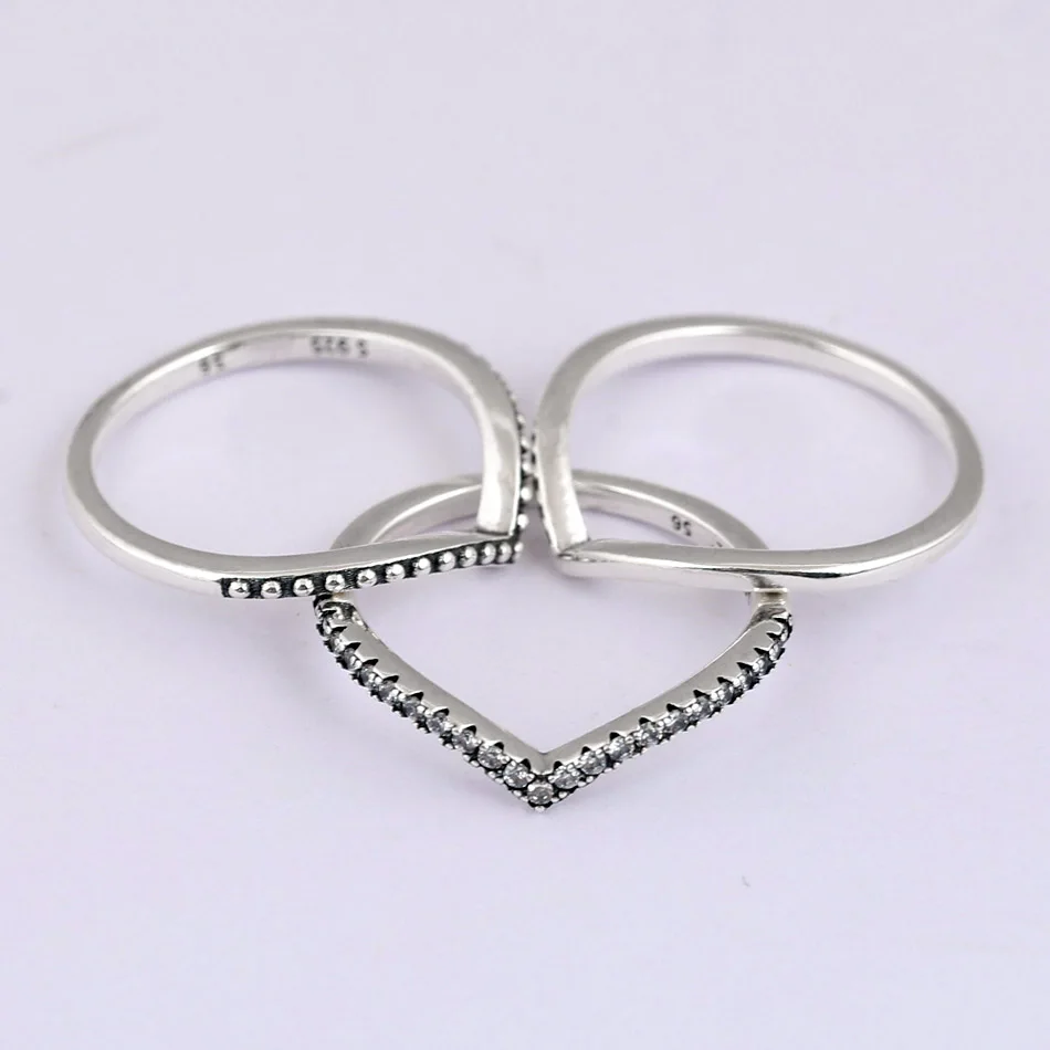 Authentic 925 Sterling Silver Ring Wish Bone Ring Set With Crystal Stack Rings For Women Wedding Party Gift Fine Europe Jewelry