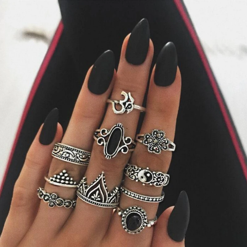 10 Pcs/Set Fashion Flower Midi Sets Gossip Moon Star Crown Retro Crystal Opal Knuckle Rings for Women Jewellery | Украшения и