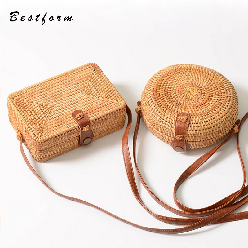 

Bali Natural Rattan Round Bag Summer Beach Crossbody Bag Bohemian Straw Bags for Women Hand Woven Small Circular Messenger Bags