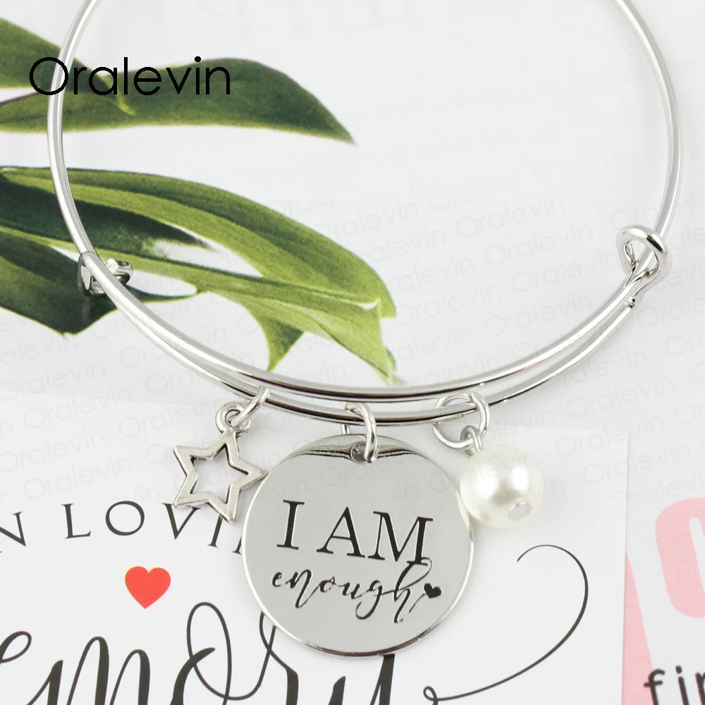 

I AM ENOUGH Bracelet Inspirational Hand Stamped Bracelet Engraved Charm Bracelet Wire Expandable Bangle Bracelet Jewelry LN2266B