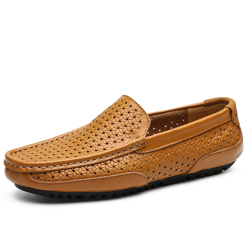 Высококачественная кожаная мужская повседневная обувь; Мужская Летняя обувь; дышащая износостойкая мужская обувь на полой подошве с мягкой подошвой - Цвет: Light brown