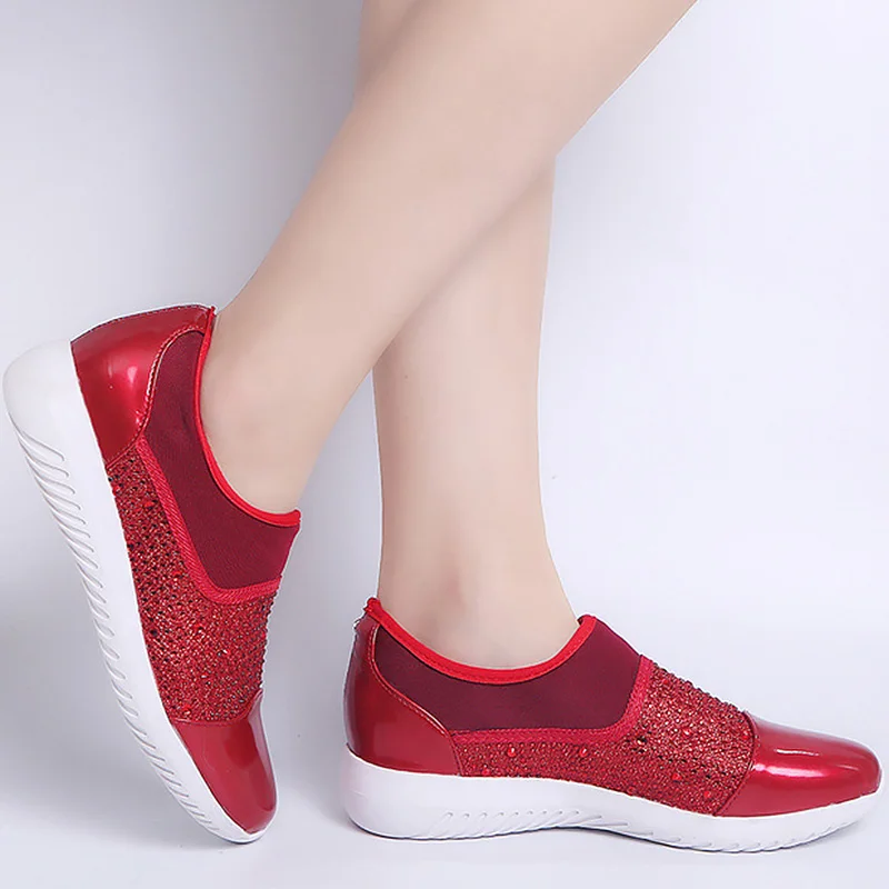 

Red Sneakers for women Rhinestone Plus size 42/43/44 Cozy Womens vulcanize shoes Patchwork Non-slip Female shoes