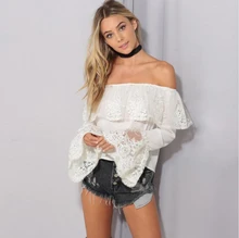 FFTAIQI new fashion spring autumn casual Slash neck sexy Dew shouler chiffon woman blouse elegant patchwork lace women shirts