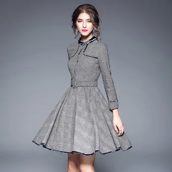 

Womens Lady Dress Elegant Dress 2019 Early Spring Autumn Slim Plaid Velvet Hem Dress O-neck A-shaped