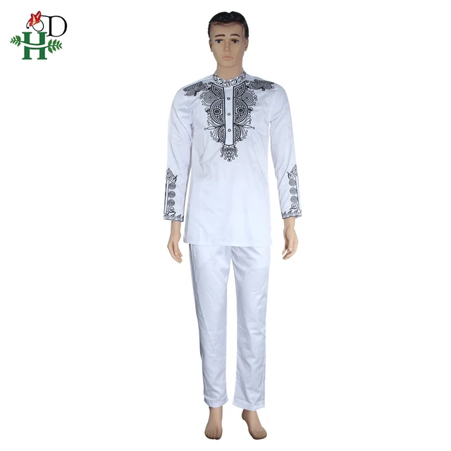 H&D Dashiki Mens Top Pant 2 Pieces Outfit Set African Men Clothes 2022 Riche African Clothing For Men Dashiki Shirt With Trouser white