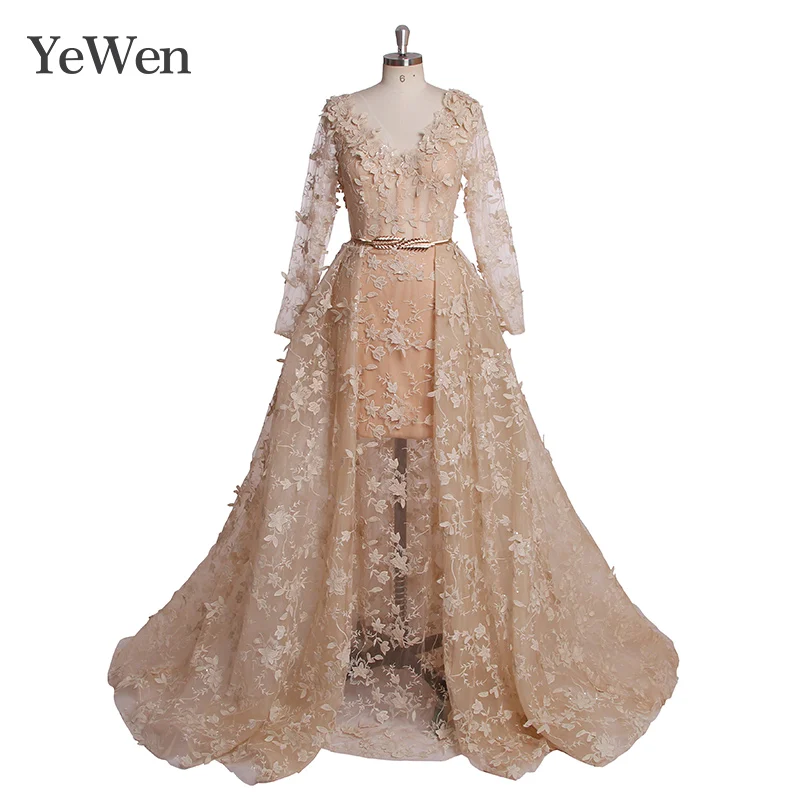 YeWen Muslim Evening dress Long Sleeves Lace Evening Dresses 2019 New Flowers Lace Appliques V-Neck Pearls Fashion Prom Gowns YeWen Muslim Evening dress Long Sleeves Lace Evening Dresses 2019 New Flowers Lace Appliques V-Neck Pearls Fashion Prom Gowns