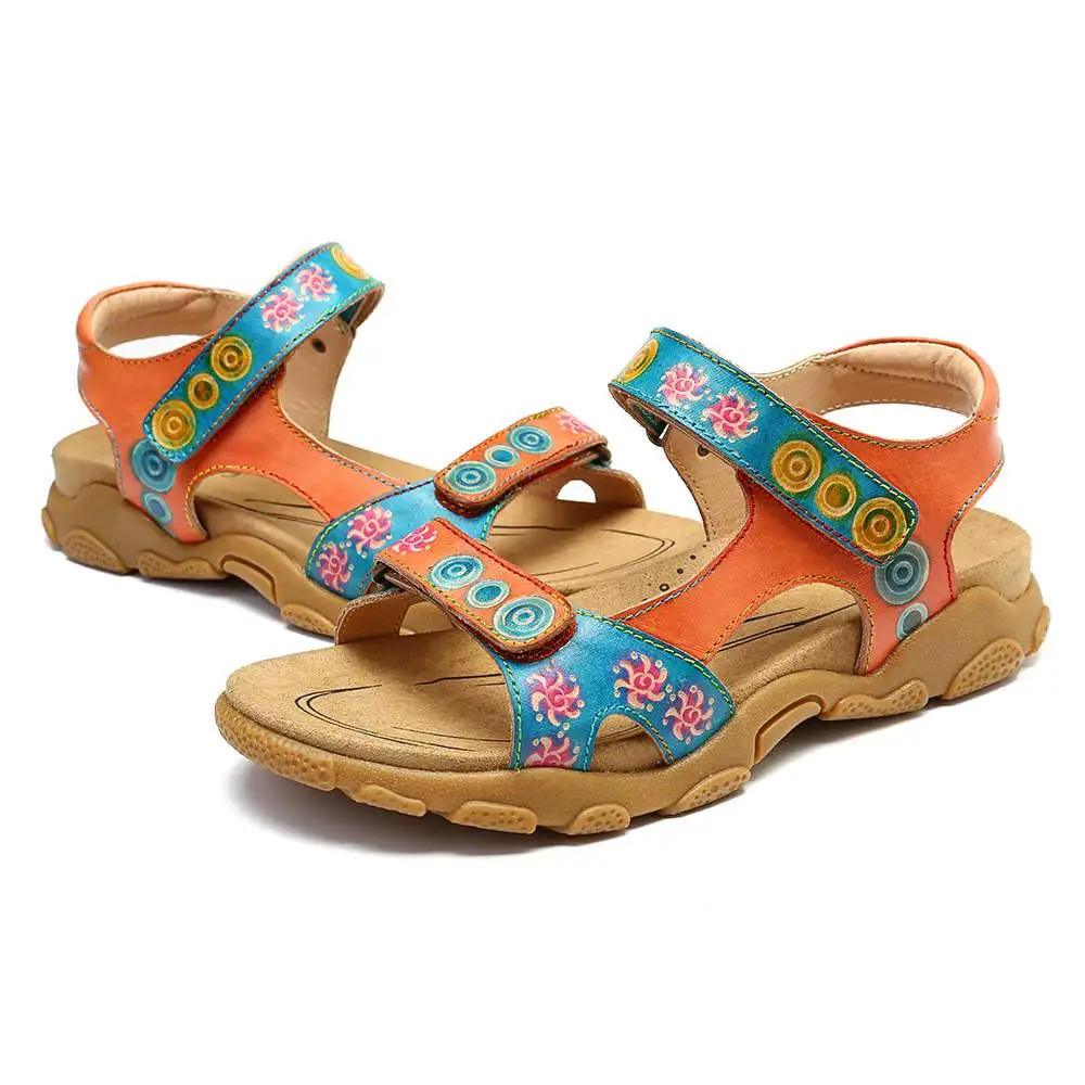 SOCOFY لينة الربط الأحذية جلد طبيعي الملونة نمط خطاف قابل للتعديل حلقة صندل كاجوال مريحة أنيقة الصيف أحذية