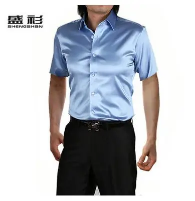 Новое поступление, летняя стильная шелковая Повседневная однотонная мужская рубашка с коротким рукавом, трендовая модная повседневная рубашка из искусственного шелка - Цвет: light blue
