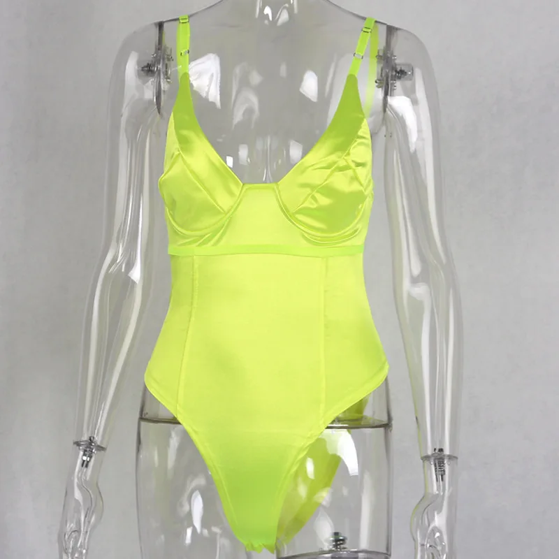 bodysuit women Bangniweigou V Neck Satin Feel Lime Green Bodysuit Women Summer Bodycon Candy Color Rompers Backless Straps Tank Leotard shapewear bodysuit