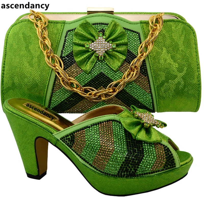 

New Arrival Green Color African Lady Matching Shoes and Bags Italian In Women Italian Shoes and Bags To Match Shoes with Bag Set
