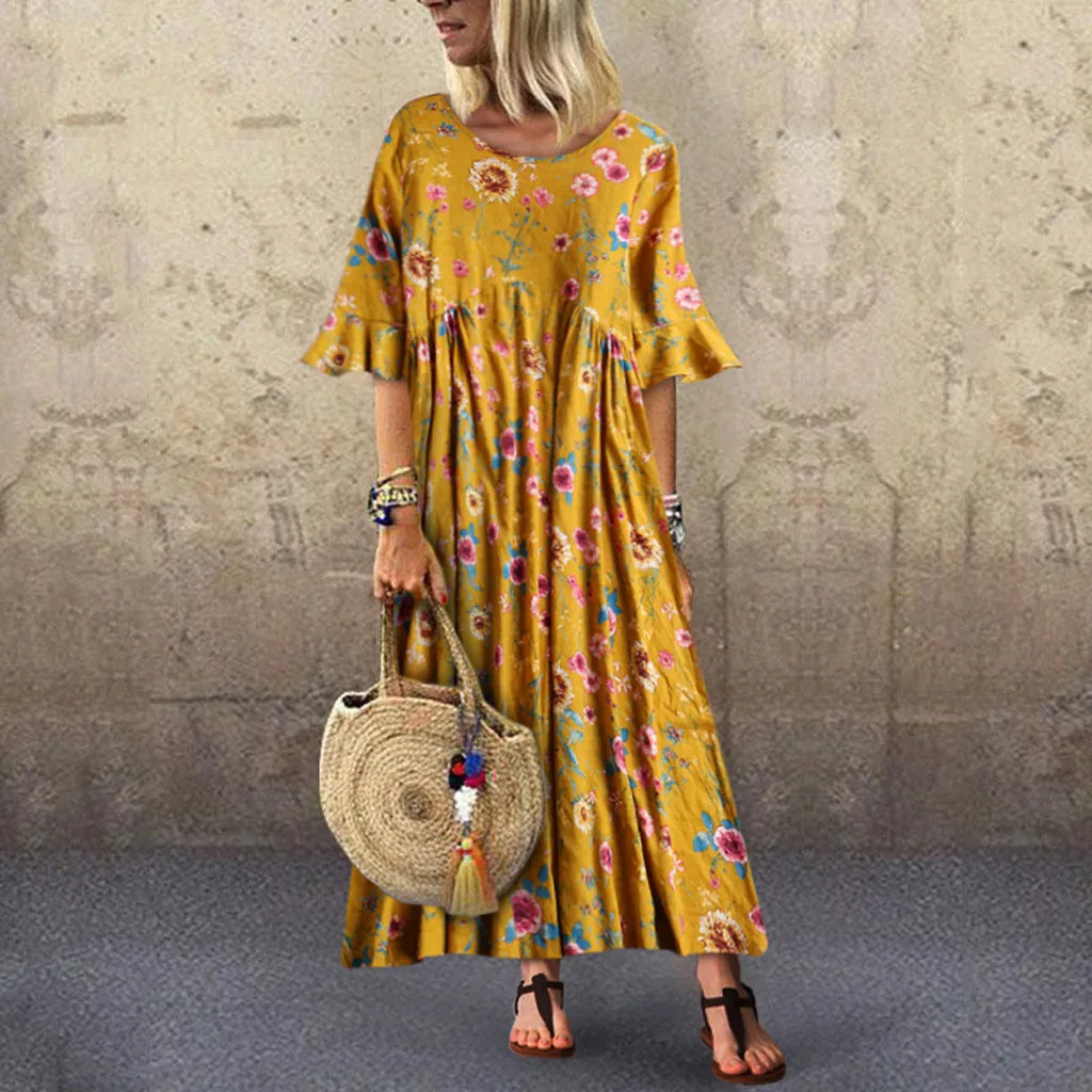 

dress women summer Casual Bohemian beach dress O-Neck Floral Print Two-piece set Bell sleeve small floral Dress plus size L0515
