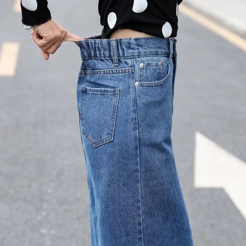 Women Plus Size Front Split Office Lady Straight Denim Skirts 7Xl 8Xl Spring Summer Mid Long Jeans Skirts Mid-Calf Mom Jeans