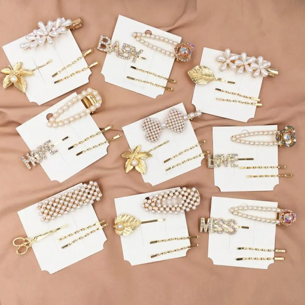 

2019 Hair Accessories 4Pcs/set Crystal Pearl Hair Clips For Girls Letter Diamond Hairpin For Women Metal Barrettes