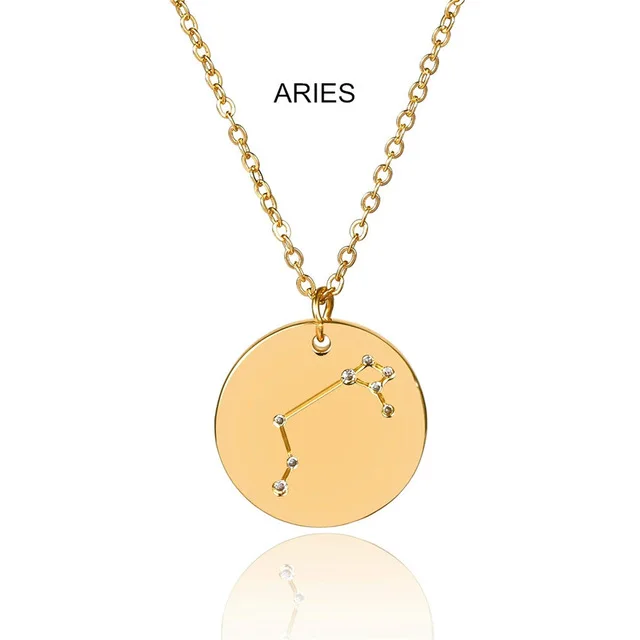 Ingemark 12 Zodiac Constellations Pendant Choker Necklace Birthday Gift Personalized Crystal Leo Libra Women Long Chain Necklace - Окраска металла: Aries Golden