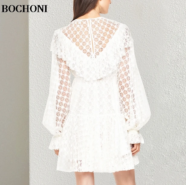 BOCHONI 2018 новый листьев лотоса Фонари рукавом Талия Тонкий дамы кружевное платье с