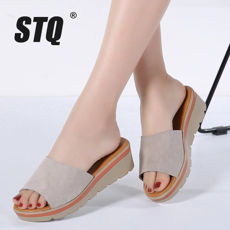 

STQ 2019 summer slippers women flat platform sandals shoes beach shoes slip-on round toe leather suede slides flip flops 806