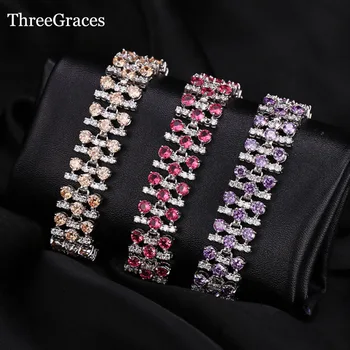 

ThreeGraces Sparkling Micro Inlay Cubic Zirconia Stones Red Purple Champagne Women Big Wedding Party Bracelets Bangles BR039
