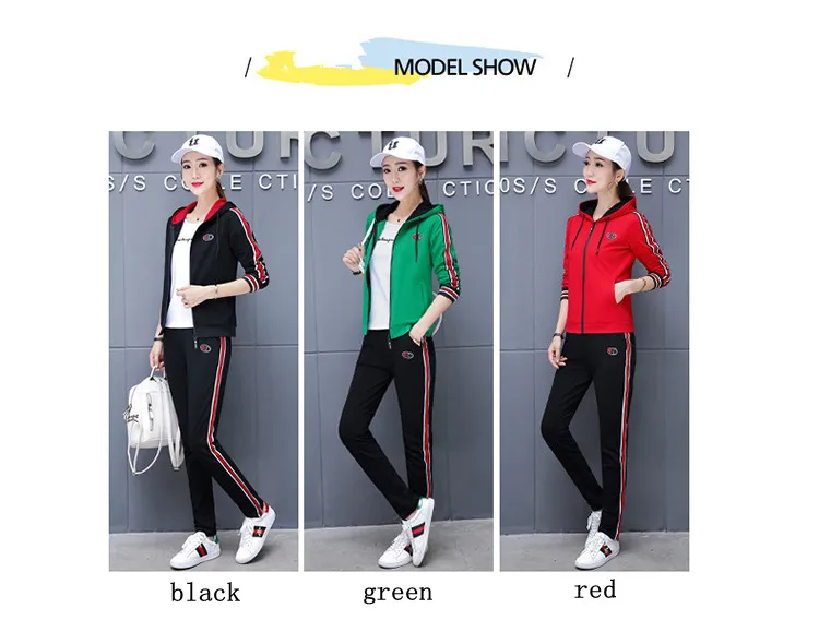 Комплект женской весенне-осенней модной корейской одежды с длинными рукавами, большой размер, тонкая повседневная одежда, свитер с капюшоном, костюм из трех предметов, красный, черный