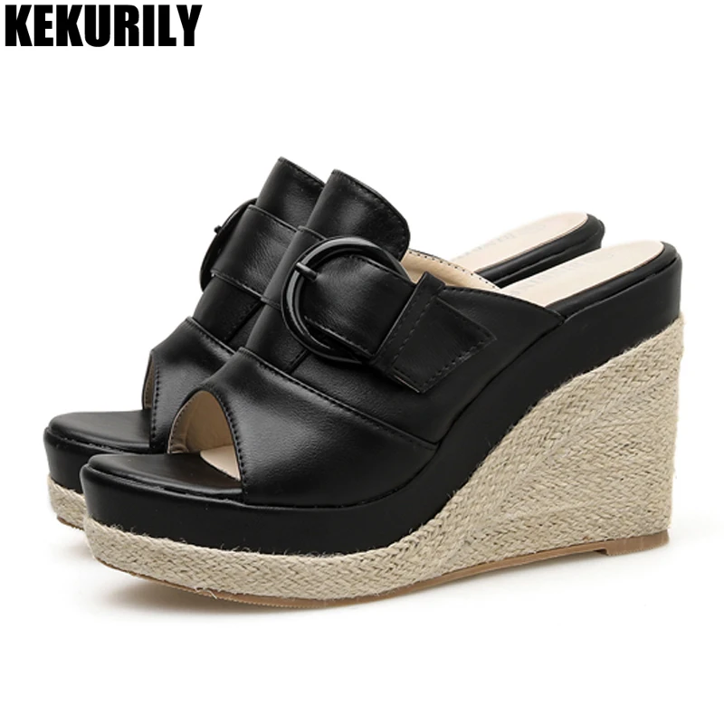 

Wedges slippers Woman buckle peep toe Shoes Fashion Platform Heels Slides Summer Slip on Sandals black mules Fisherman shoes