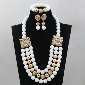 

Latest New White African Coral Beads Jewelry Set Gold Bib Necklace Earrings Set Gift Free Shipping WD509