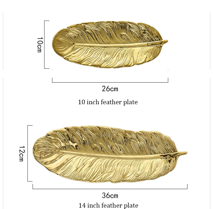 Керамические украшения в форме золотых перьев, тарелка, фарфоровая конфета, брелок для еды, фруктов, поднос, кольцо, тарелка для хранения, для дома, декоративная