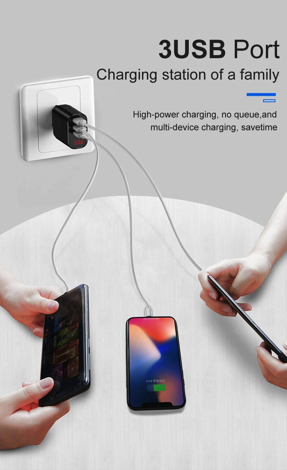 Baseus светодиодный цифровой 3 Порты USB Зарядное устройство ЕС Подключите мобильный телефон для быстрой зарядки стены Зарядное устройство 3.4A Max для iPhone X 8 7 samsung S9 S8