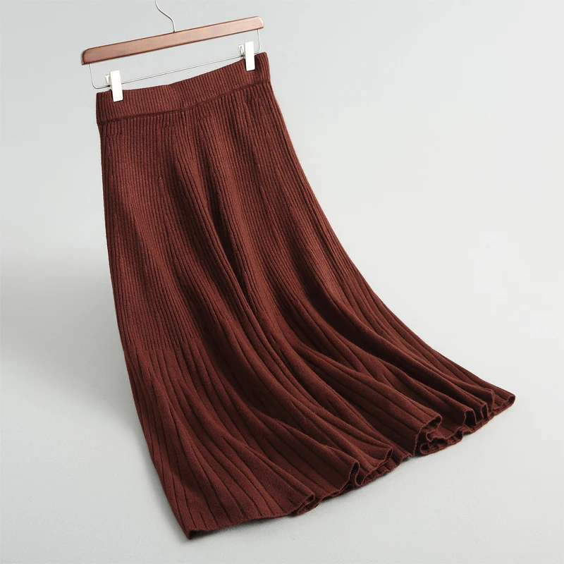 

autumn female casual solid color striped knit skirt pleated skirt