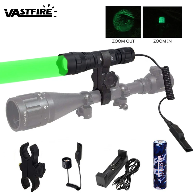

LED Tactical Gun Flashlight Q5 Green Hunting Torch lantern 20mm Rail Airsoft Rifle Scope Mount 18650 battery USB Charger