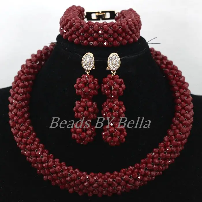 Opaque Burgund Kristall Perlen Frauen Kostüm Mode Halskette Set Braid Hochzeit Perlen Afrikanischen Braut Schmuck Freies Verschiffen ABK516