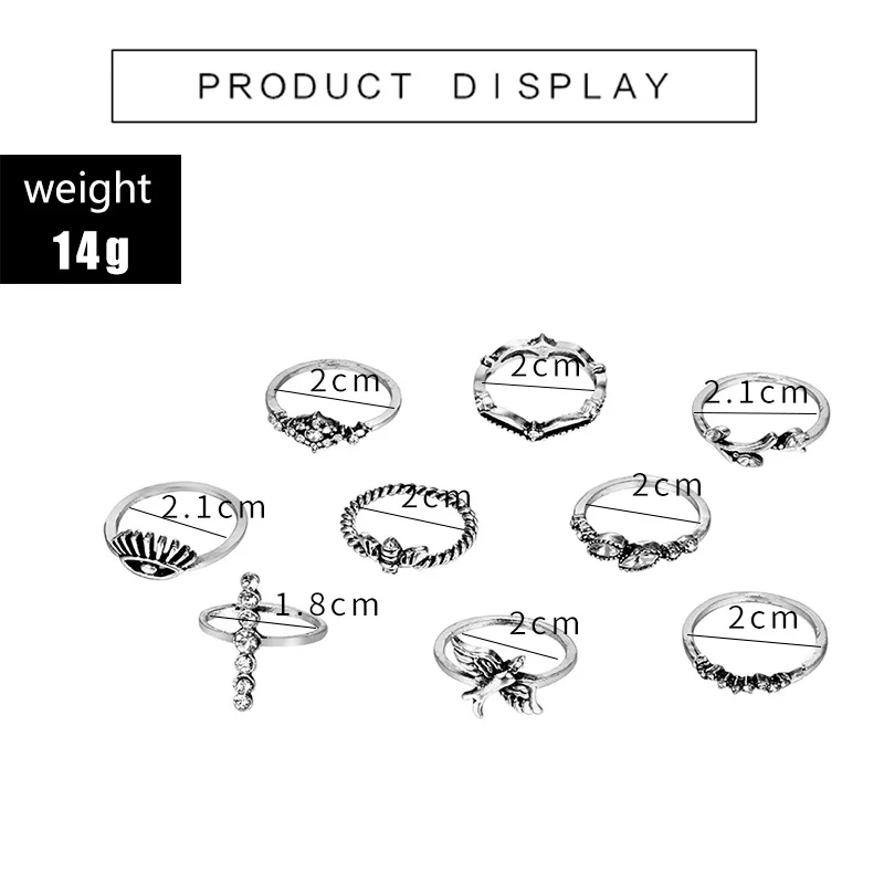 Tocona 9 шт./компл. в богемном стиле Винтаж серебро Цвет птица пчелиный глаз полый лист Кольца Прозрачный кристаллический камень ювелирные изделия для Для женщин Для мужчин подарок 5344